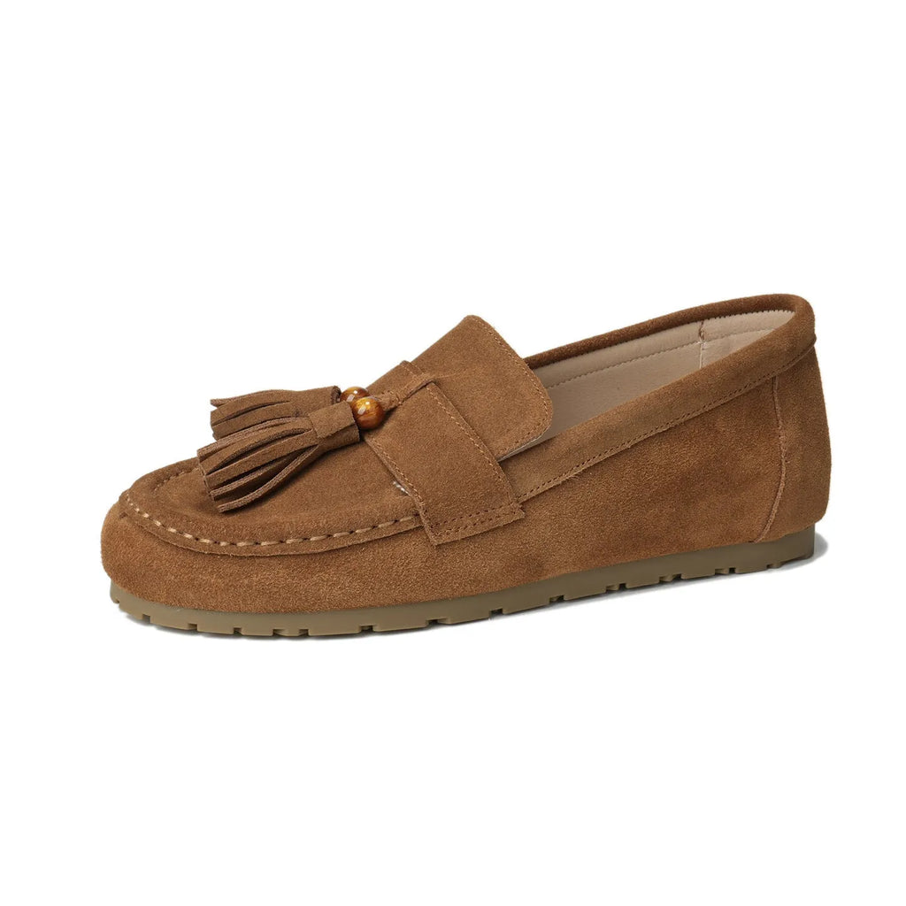 Women's inner height increasing slip-on tassel flats in brown with suede leather upper and round toe