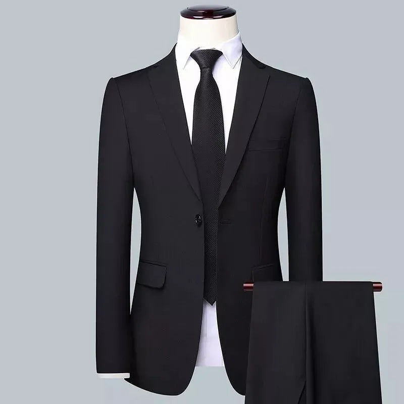 Men's three-piece Korean style slim fit business suit set in black, grey or Tibetan blue with trousers and tie
