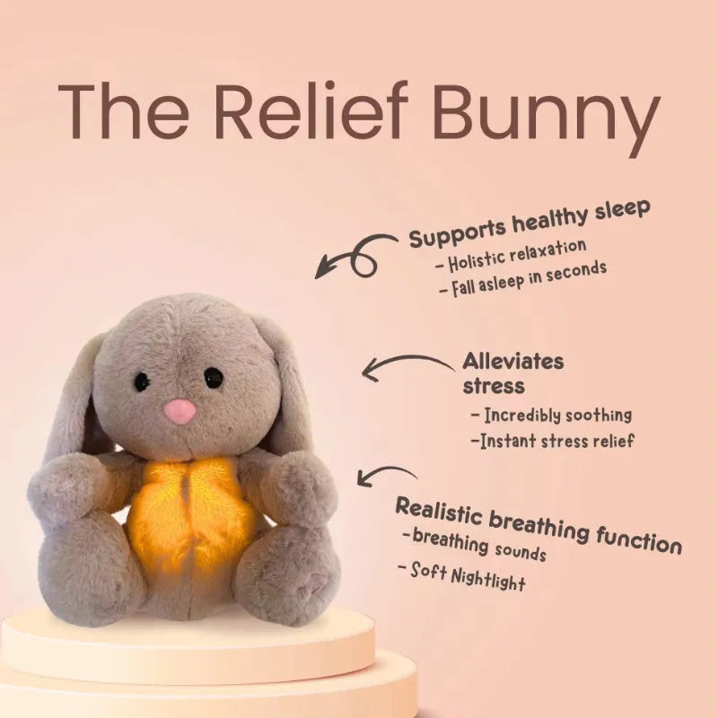 Breathing rabbit plush toy with moving belly, music functions, and soft fabrics for infant comfort