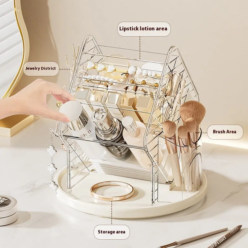 Clear and amber gold rotating plastic cosmetics storage box on a flat surface