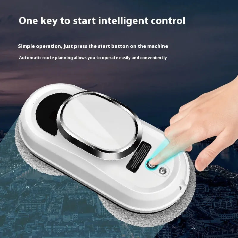 White automatic high-altitude window cleaning machine with remote control on a windowsill.
