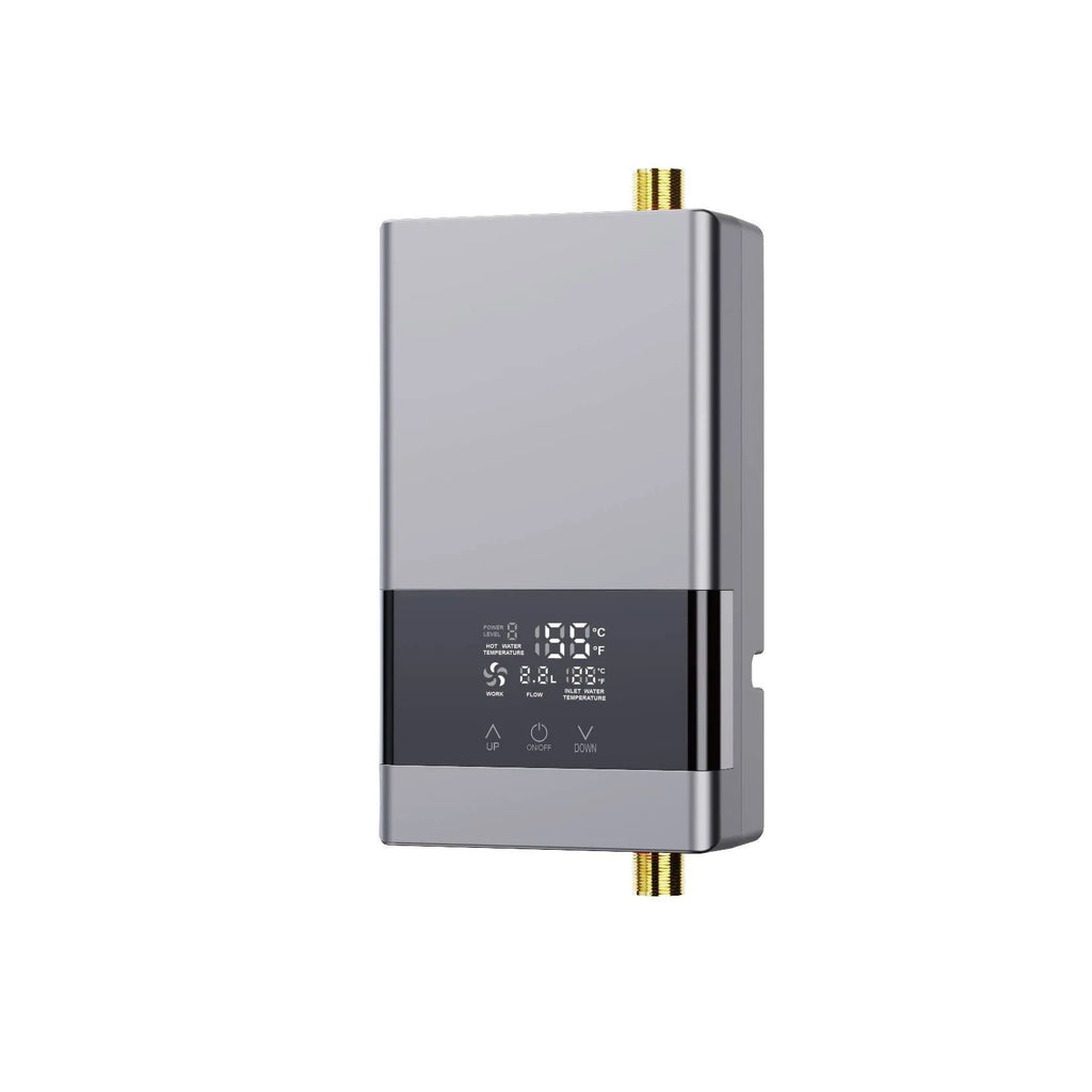 Constant temperature instant water heater with LED touch screen display and remote control in gold finish.