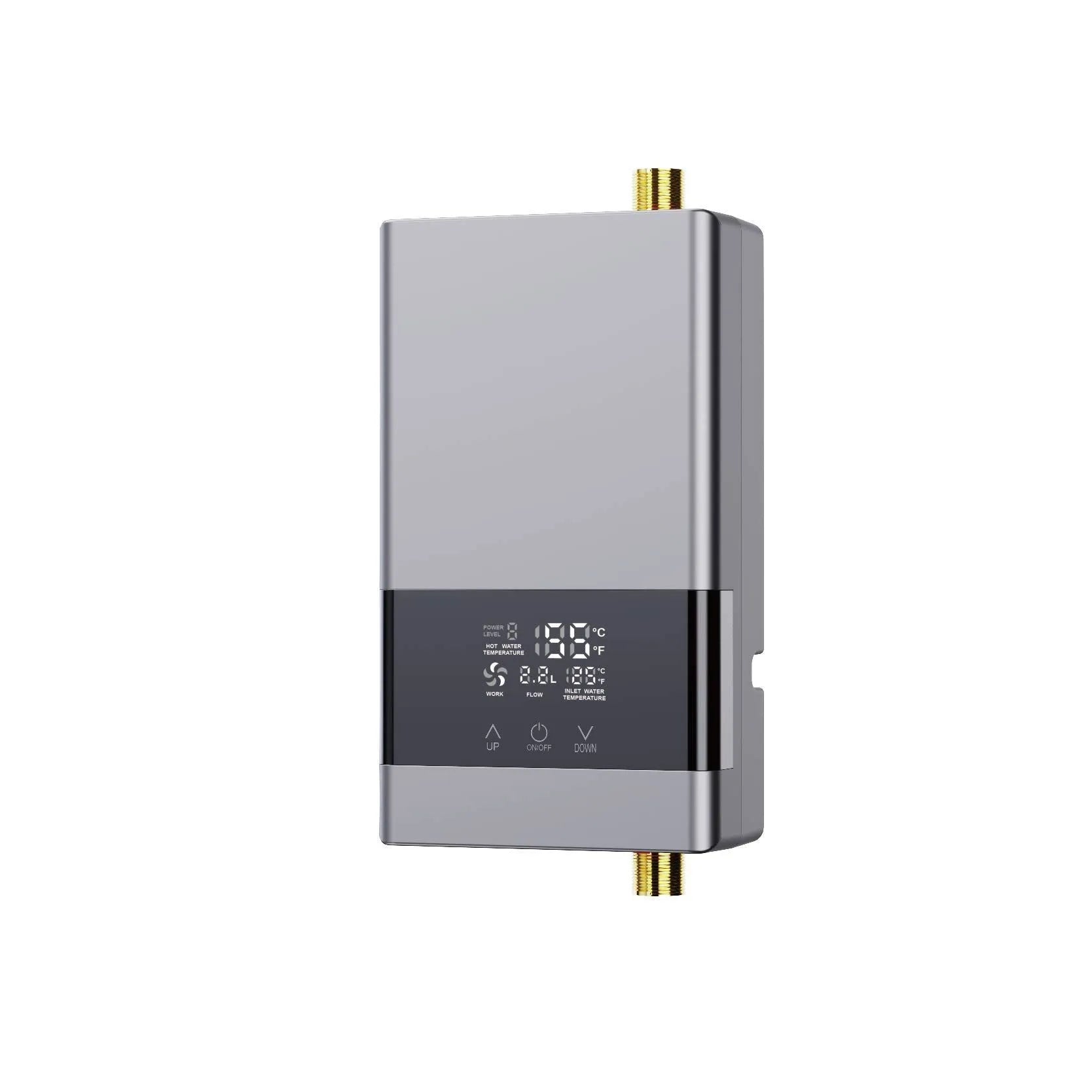 Constant temperature instant water heater with LED touch screen display and remote control in gold finish.