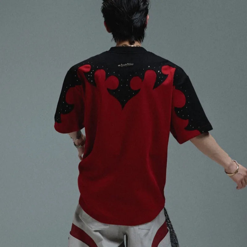 Men's loose grey cotton T-shirt with detailed 3D burnt-flower embroidery and rhinestone decoration on the chest