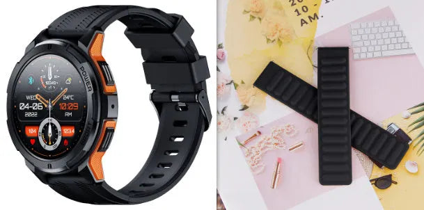 Smart bracelet with 1.43-inch AMOLED screen Bluetooth calling and health monitoring in black and orange