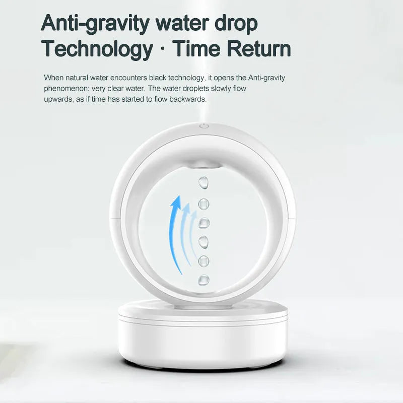 White round USB-powered humidifier showing anti-gravity levitating water droplets and mist output.
