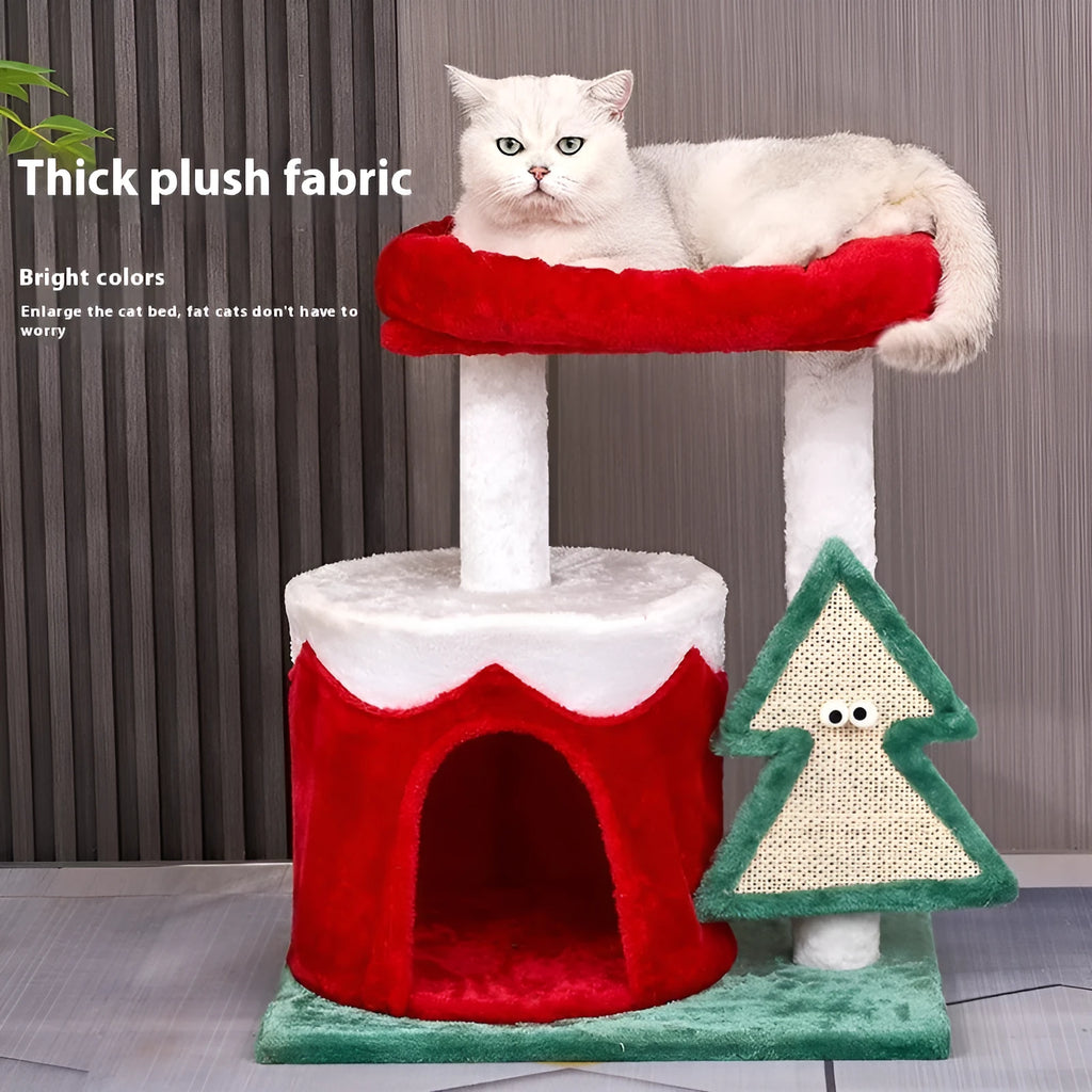 Cat scratching post integrated toy in Christmas colours with density board construction