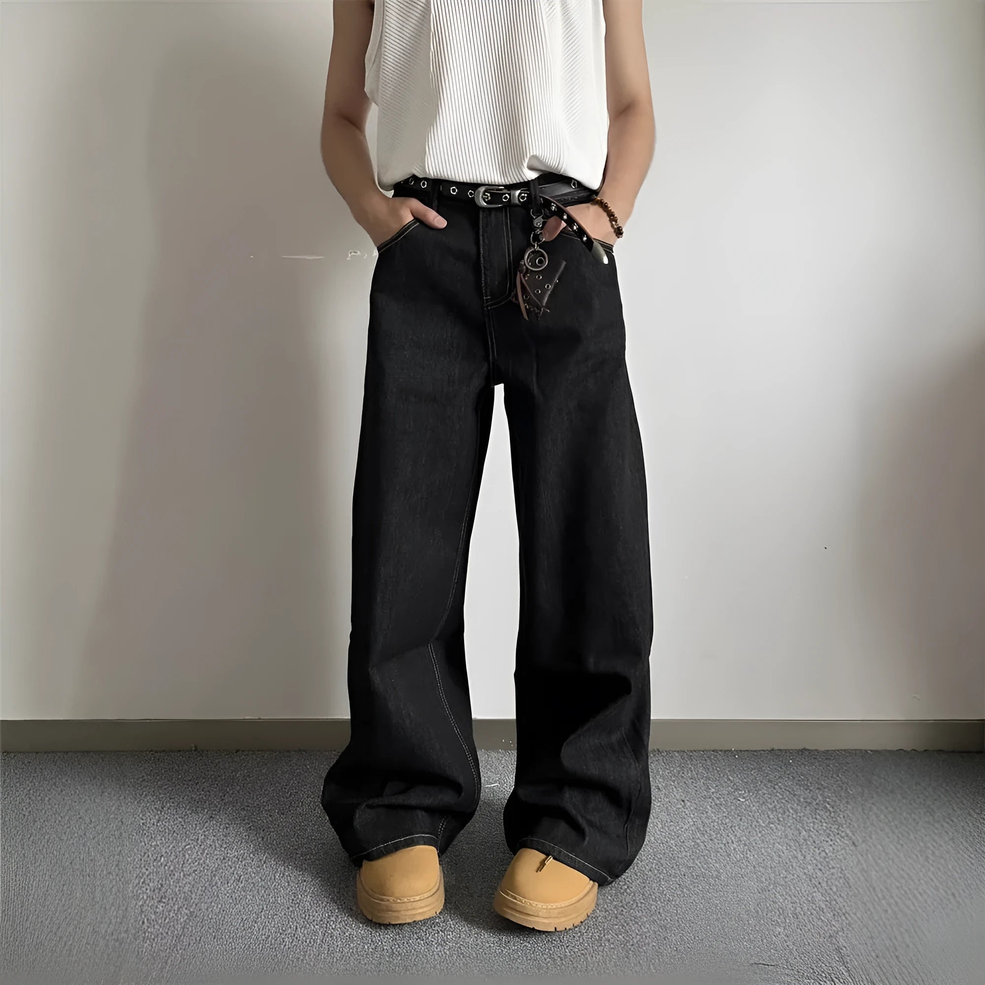 Black retro loose wide-leg jeans with straight-leg cut and zip fly placket