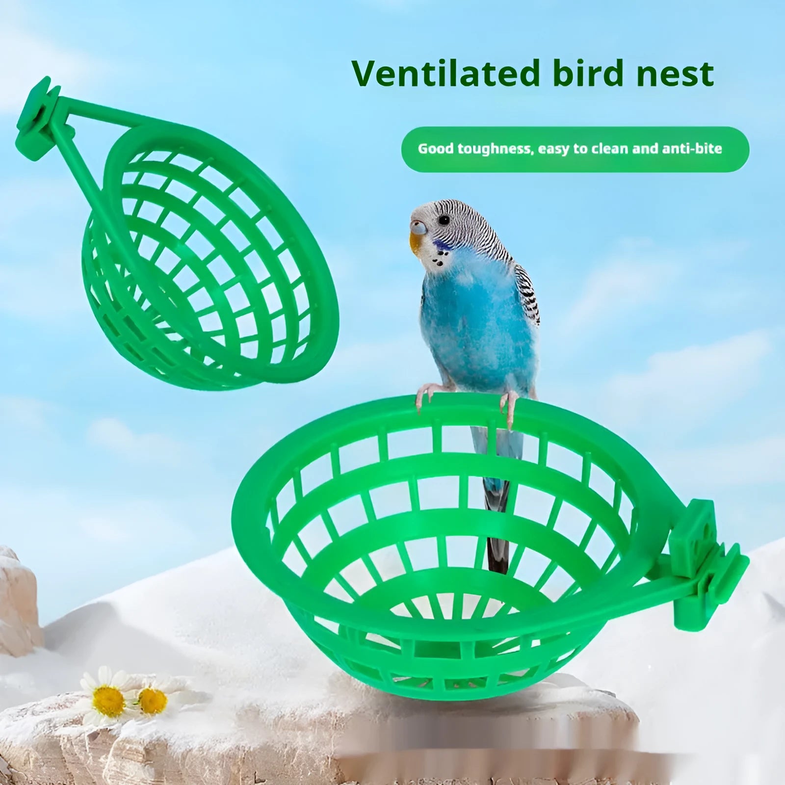 Plastic bird nest in green, split design for easy cleaning, suitable for small birds