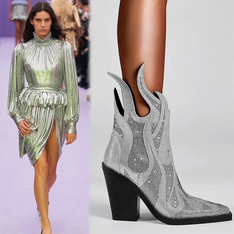 Women's black chunky heel Martin boots with square toe and rhinestone flame decoration on the side.