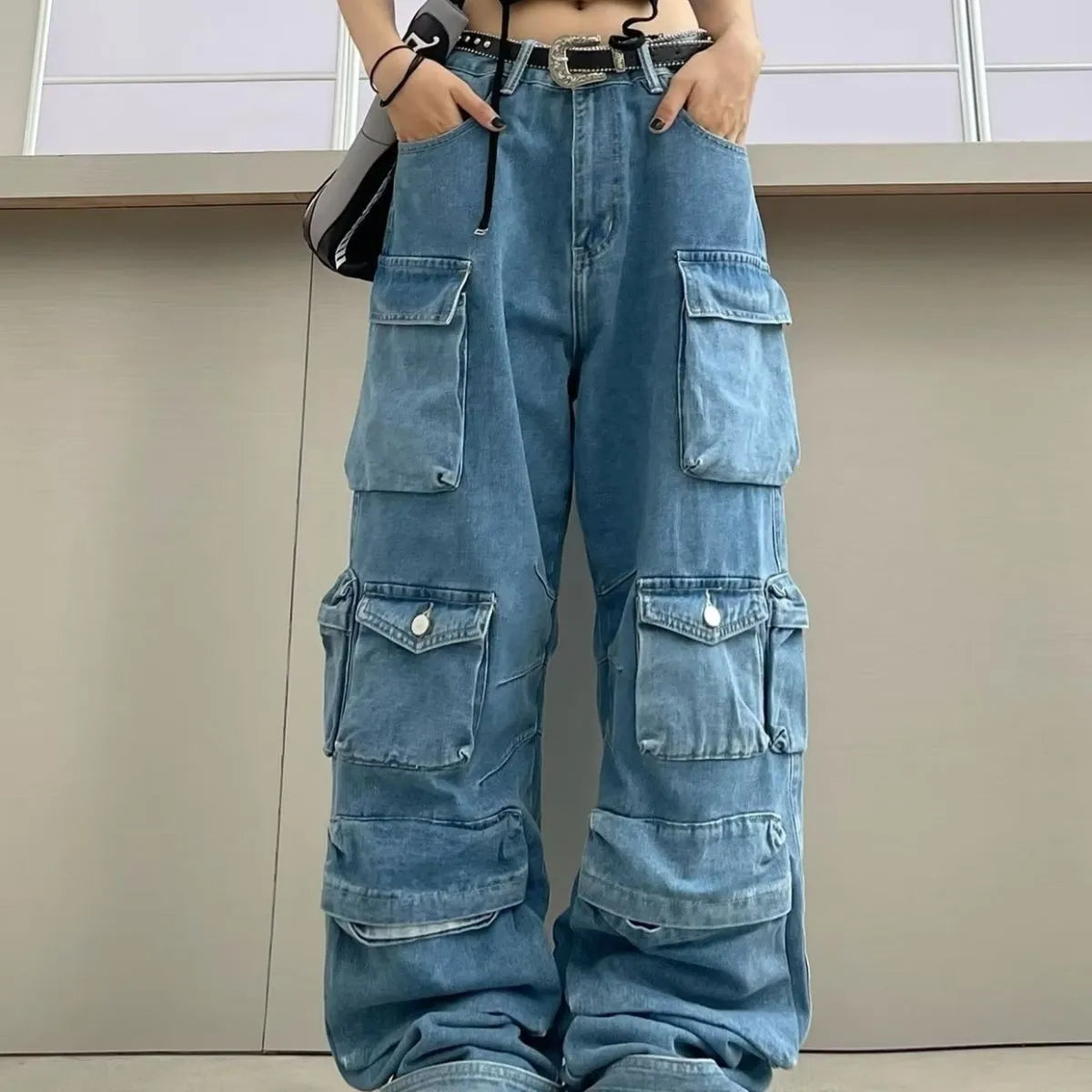 Women's high waist wide leg tie-dyed jeans with multi-pocket street hipster styling in cotton denim