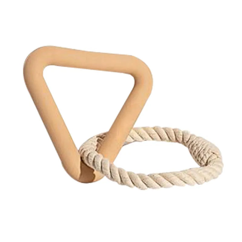 Large triangular pull ring dog toy with twisted cotton rope in beige, pink, or purple.