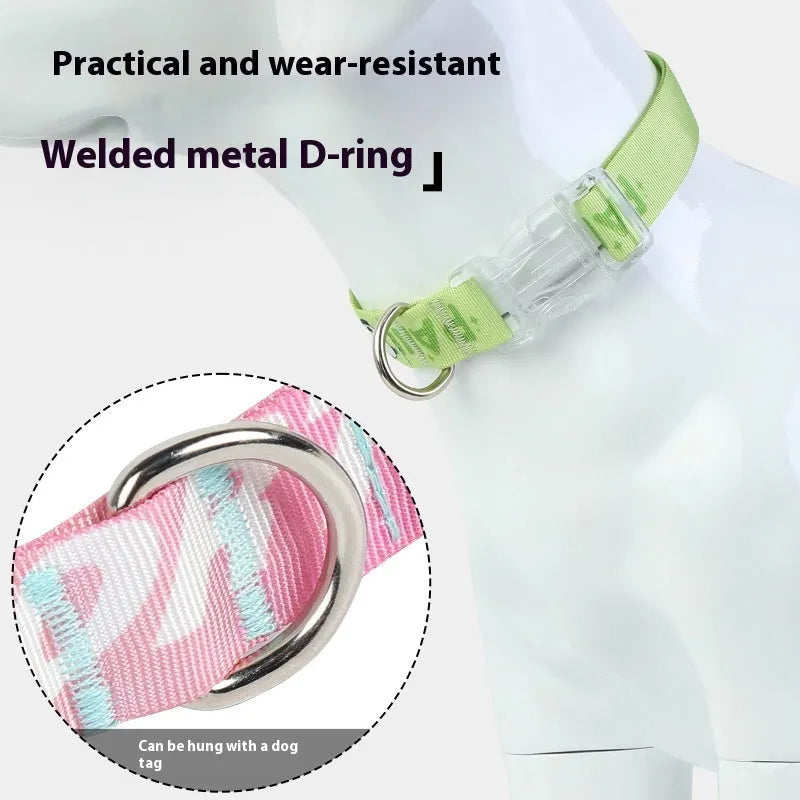 Adjustable nylon dog collar with cartoon gradient print in green, showing buckle and D-ring on a size chart.