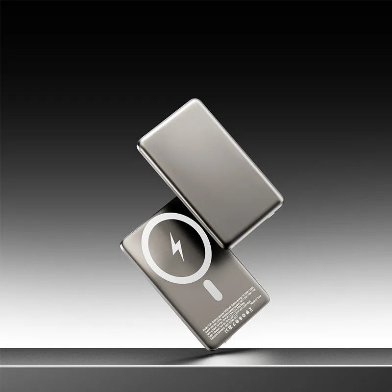 Gun gray magnetic wireless power bank with ultra-thin alloy design showing compact dimensions
