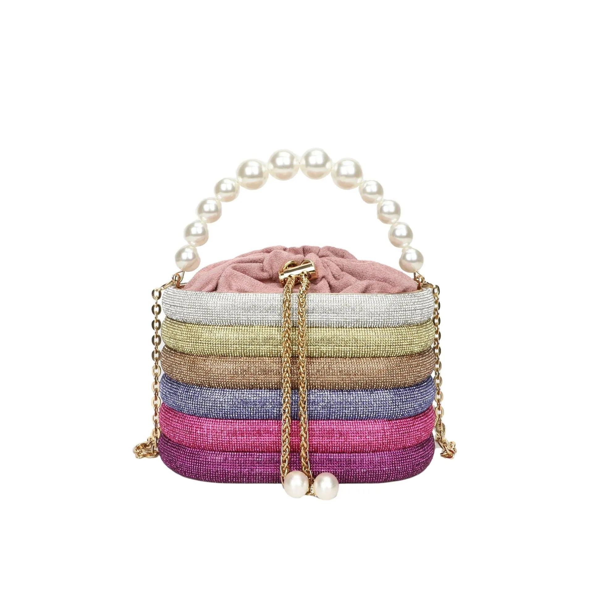 Women's round retro crossbody bag with pearl beading in soft PU material, shown in multiple colours.