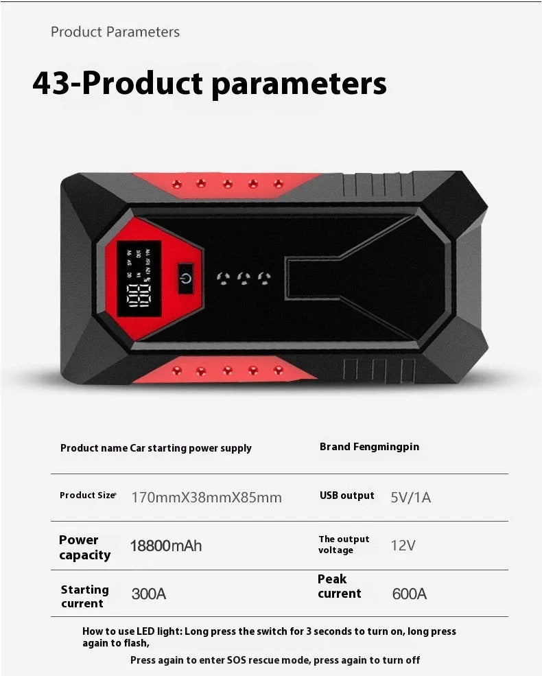 Red 12V car jump starter power bank with battery clamps and 18800mAh capacity