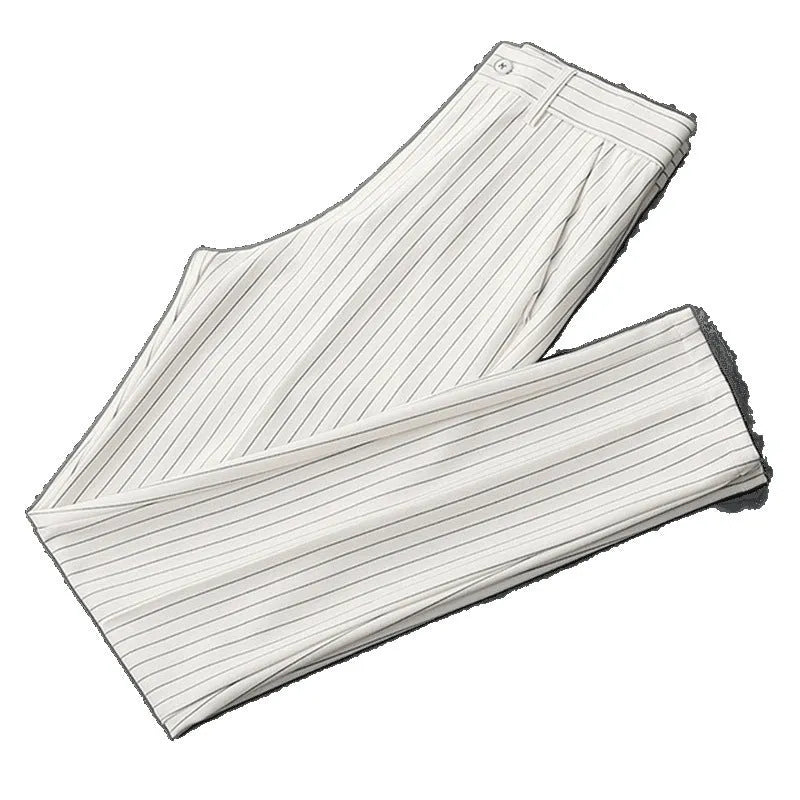 Men's loose striped suit trousers in black and white, available in both full-length and crop jeans styles