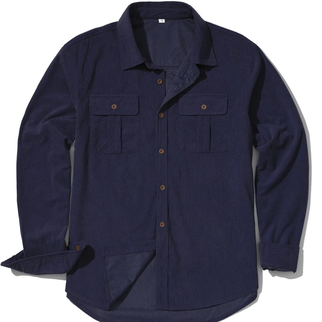 Men's loose-fit corduroy shirt in Japanese retro style, shown in Army Green colour.