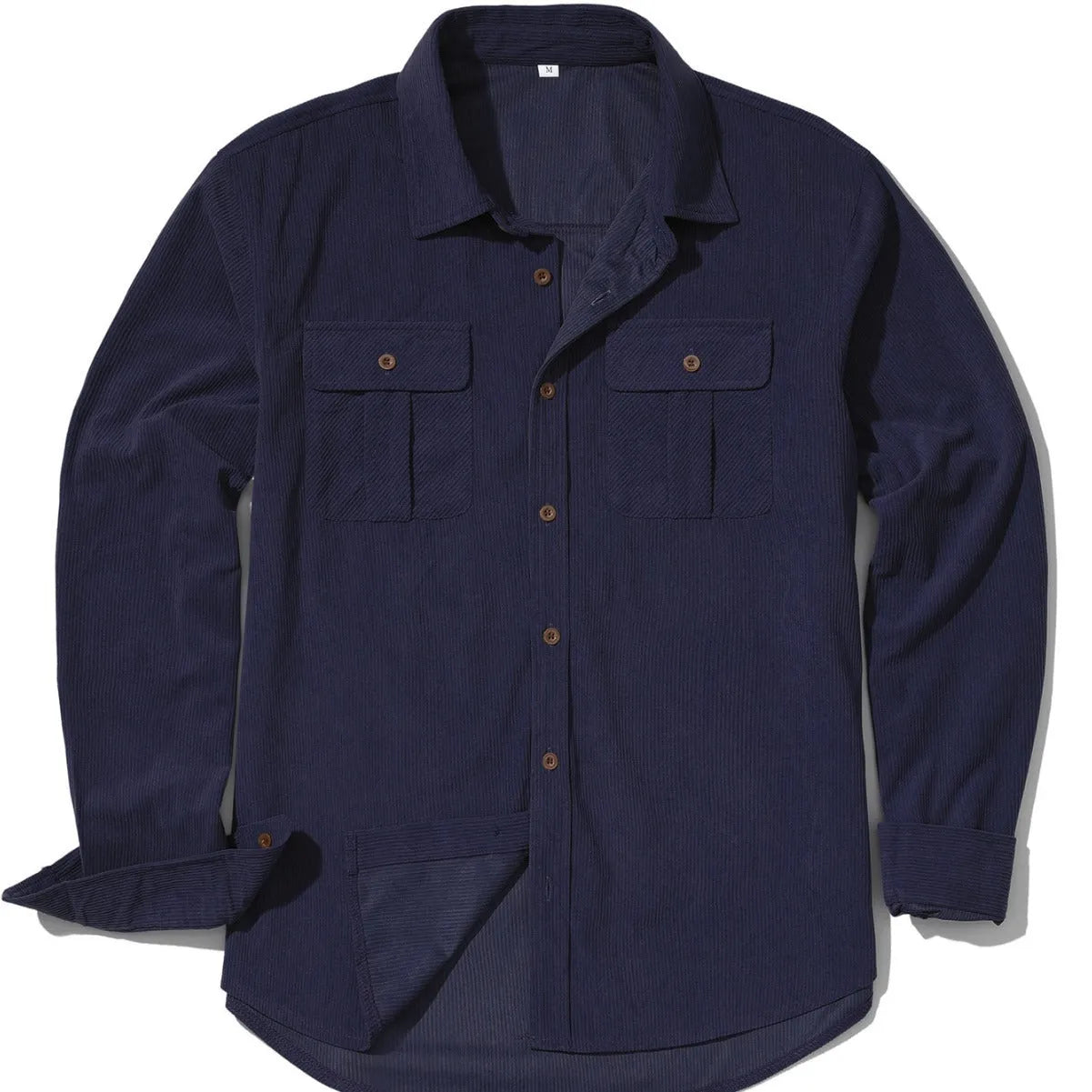 Men's loose-fit corduroy shirt in Japanese retro style, shown in Army Green colour.