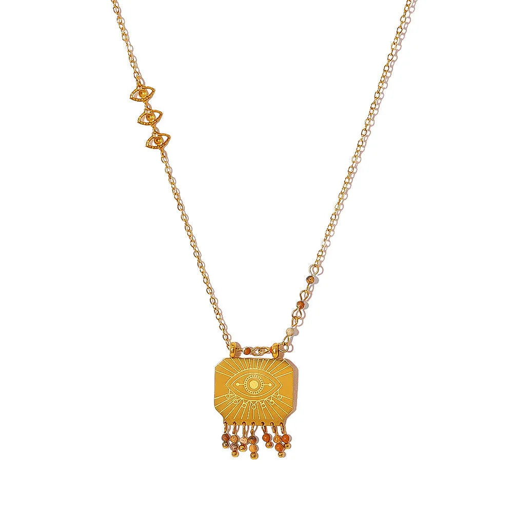 Retro gold titanium steel chain necklace with square natural stone pendant and evil eye motif on white background
