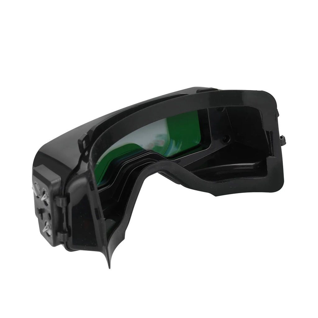 Black automatic darkening welding mask glasses with large rectangular lens for arc welding protection.