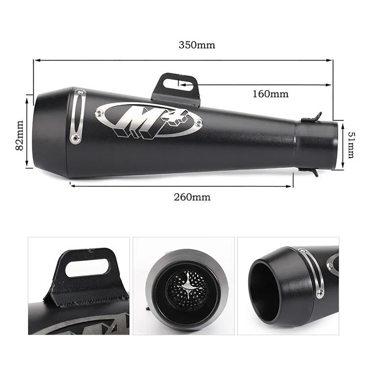 M4 universal motorcycle exhaust pipe in black, titanium, and blue finishes for large displacement bikes