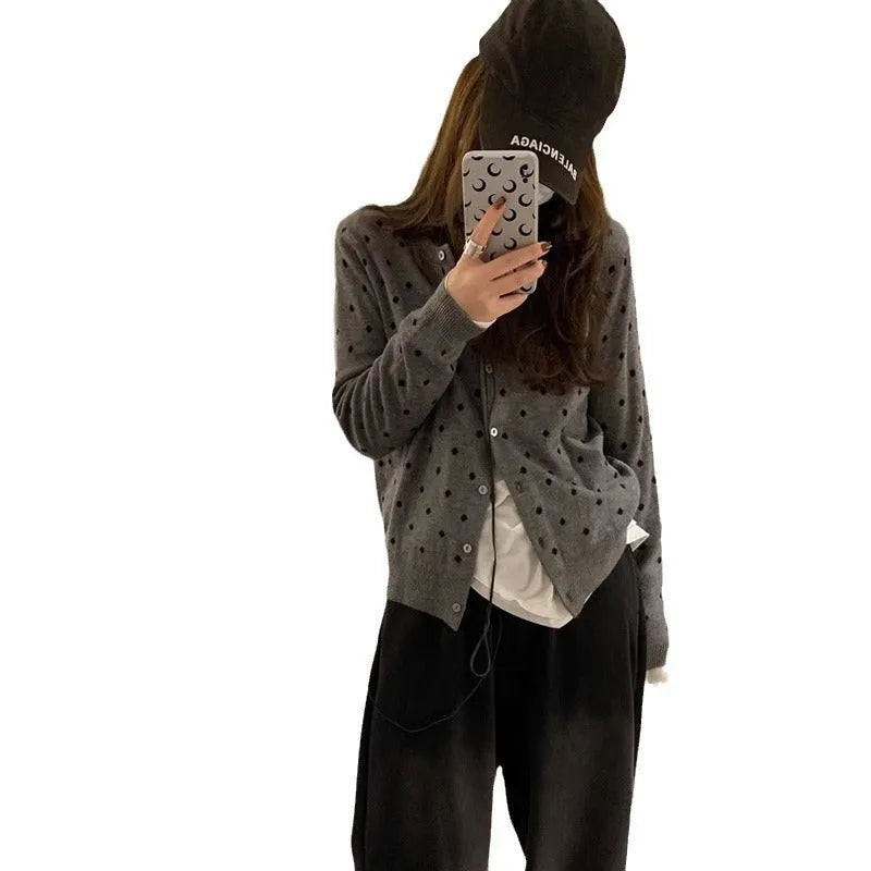 Women's grey dot knitted cardigan with crochet flowers, long sleeves, and loose fit