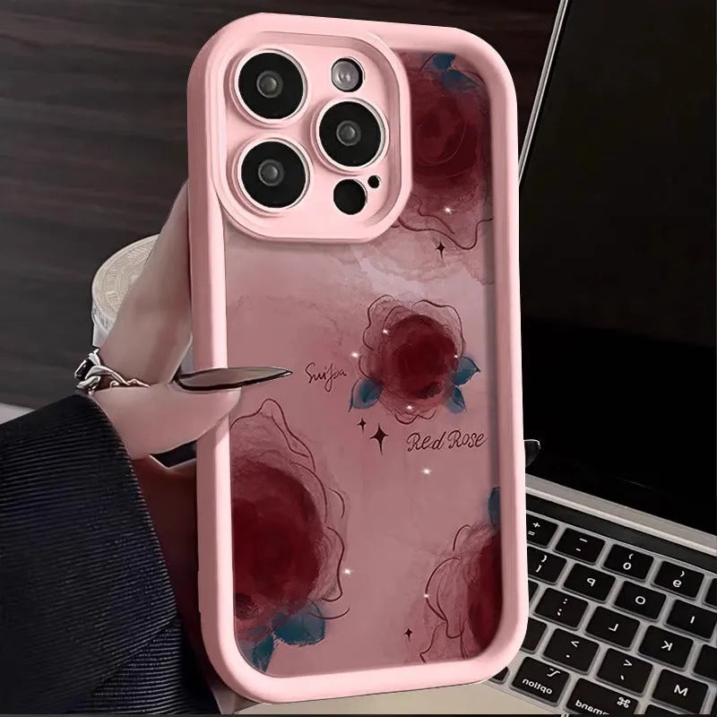 Creative blooming rose silicone phone case in red colour for iPhone 16 series back cover