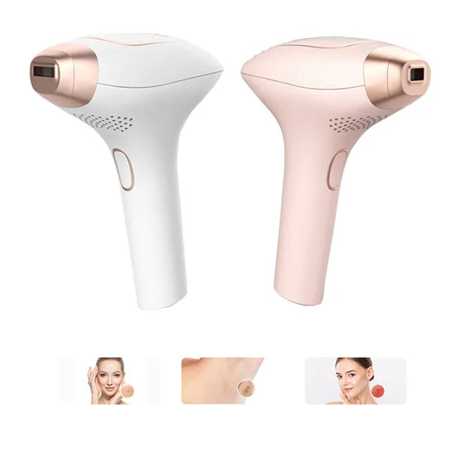 Pink and white three-in-one ice-sensing laser hair removal device with shaver attachment and safety glasses