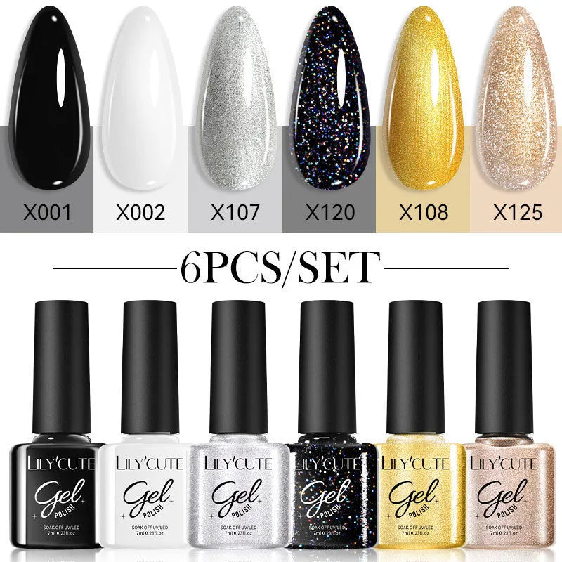 UV gel nail polish set with multiple colour bottles including nude and glitter options for nail art