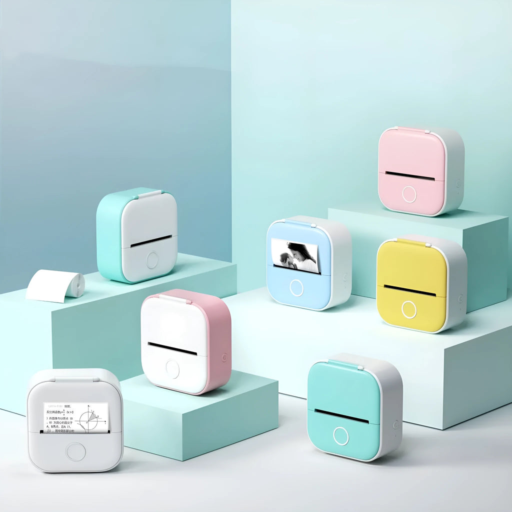 Mini portable USB printer with rabbit ear protective case and non-adhesive paper roll