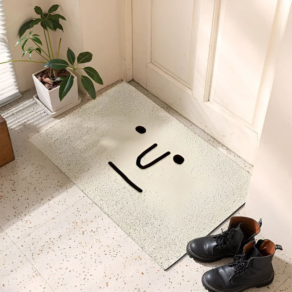 Square PVC floor mat with cartoon face and geometric pattern in Mr Big Nose colour, shown in multiple size options.