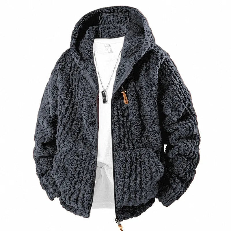 Men's hooded fleece zip-up jacket in corduroy fabric with fleece lining, black colour, full front zip