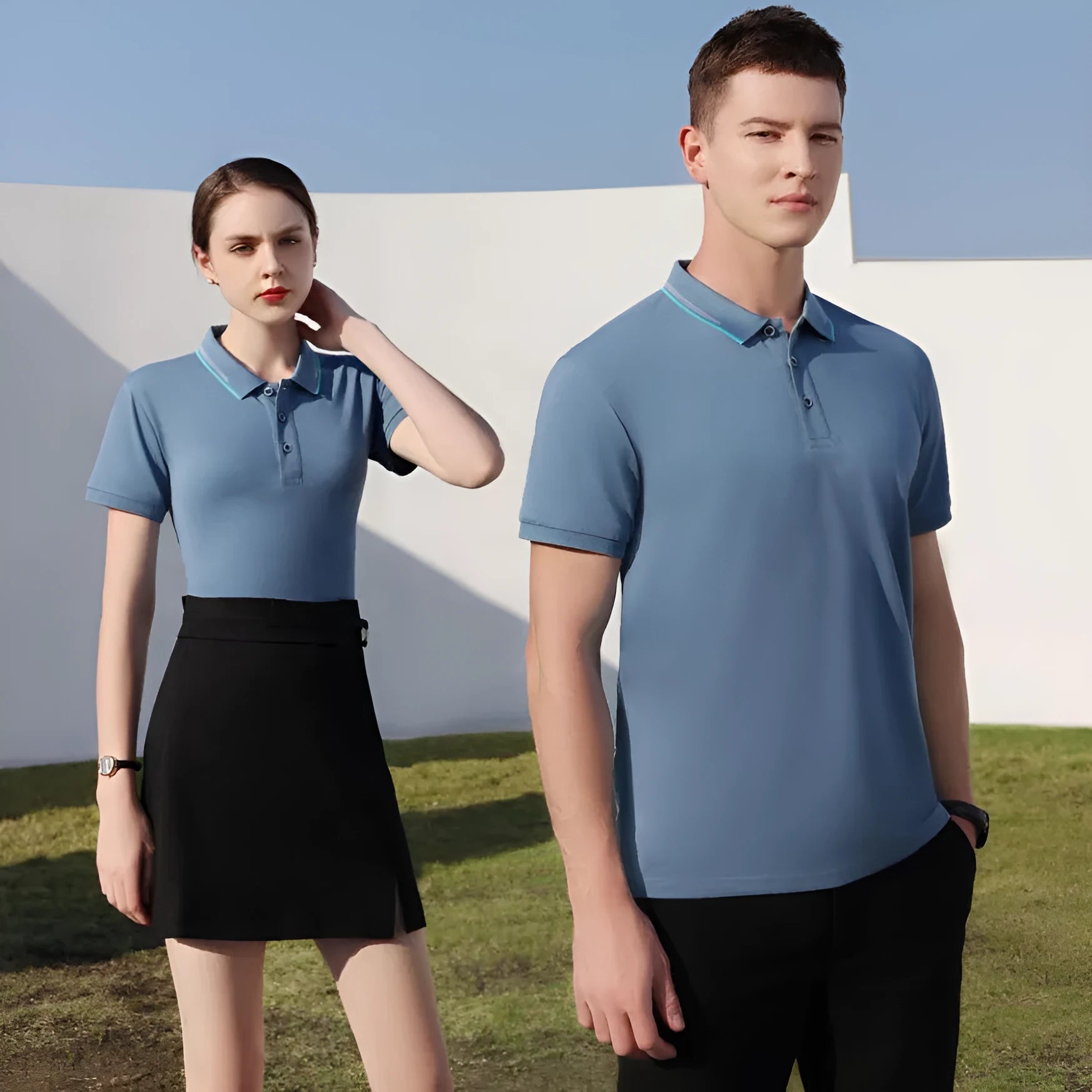 Women's asymmetric V-neck cotton jacquard blouse with lapel detail in a light blue colour.