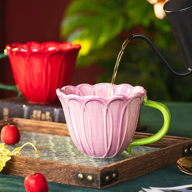 Ceramic breakfast mug with floral pattern showing red and purple colour options and 500ml capacity.