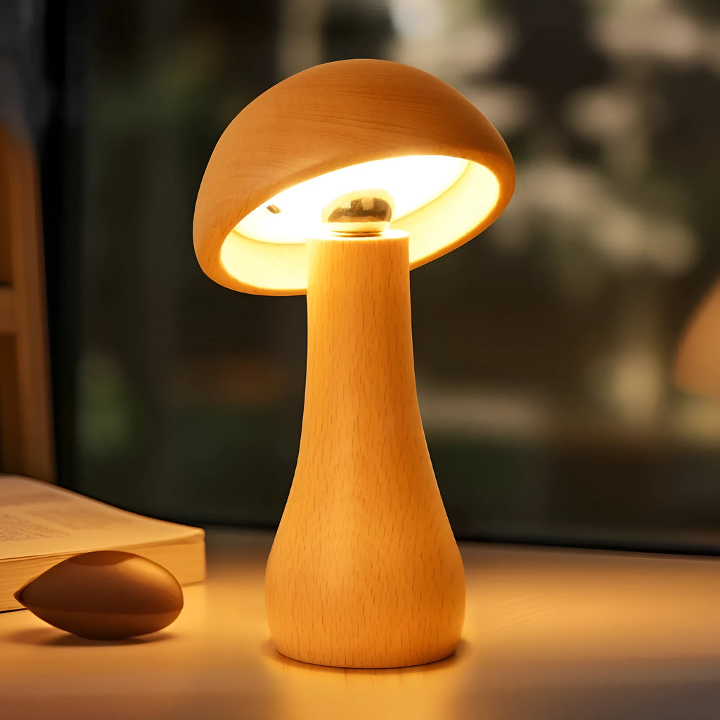 Solid wood mushroom ambience LED table lamp in natural beech colour with button switch