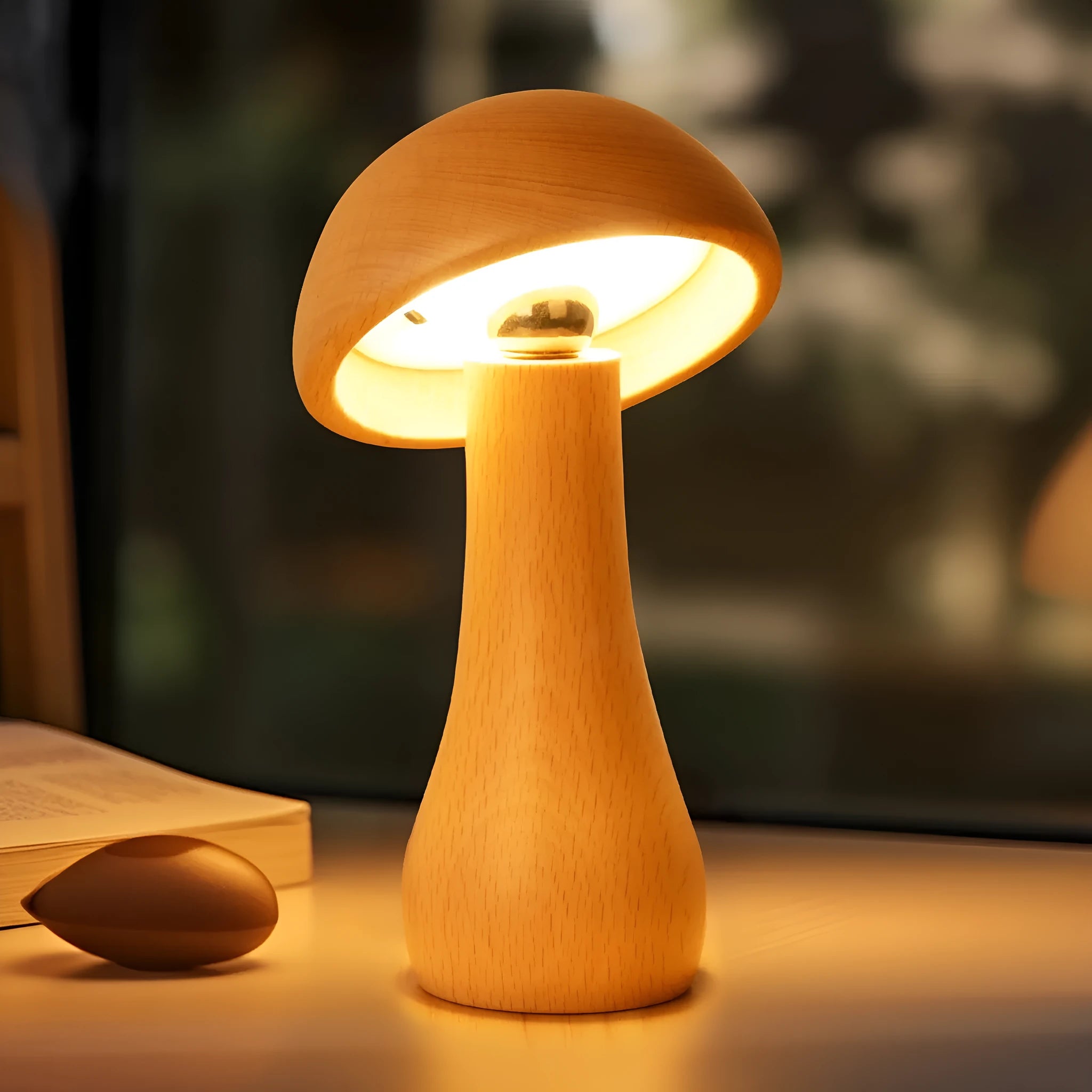 Solid wood mushroom ambience LED table lamp in natural beech colour with button switch