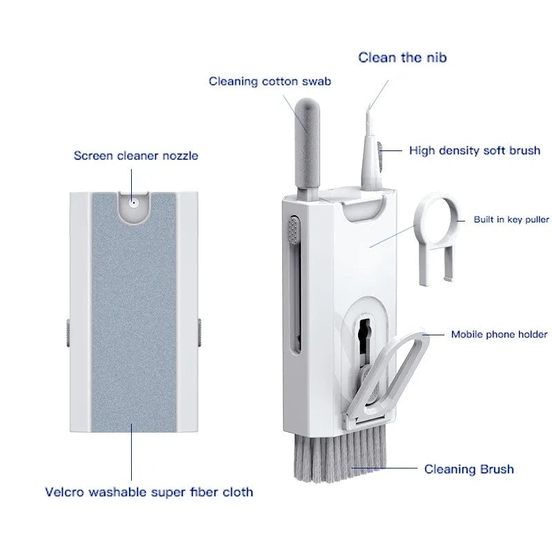 5-in-1 screen and earphone cleaning kit with integrated brush, sponge and metal tip tools