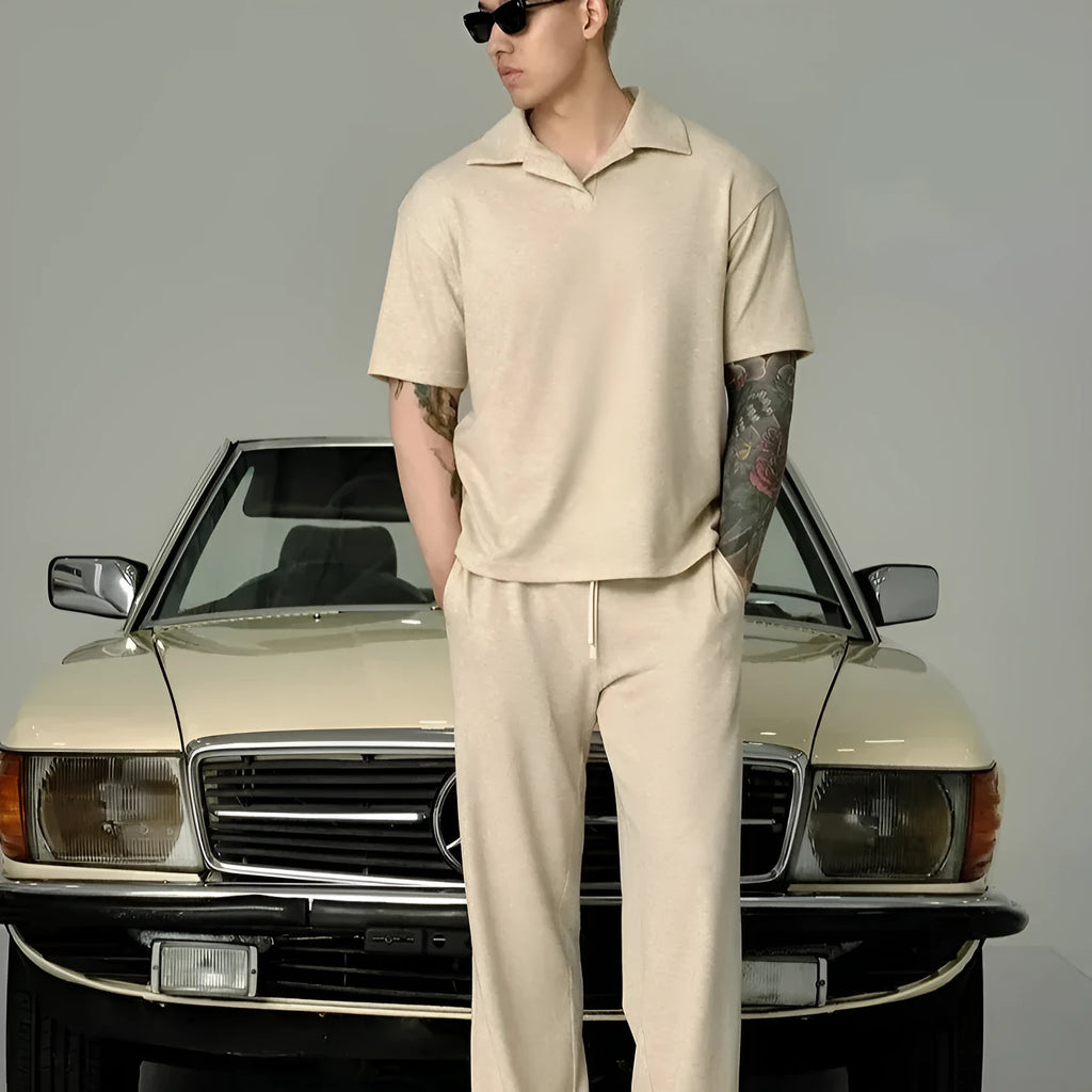 Beige cotton lapel short-sleeved T-shirt and trousers suit for men, casual summer wear