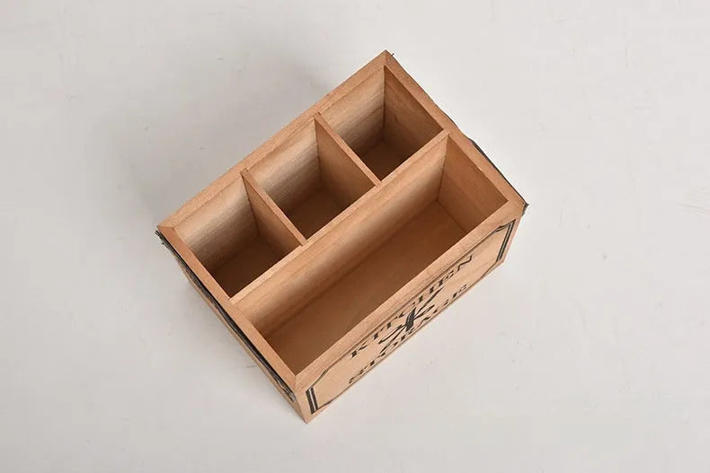 Wooden kitchen storage box with grid compartments for organising knives, forks and chopsticks