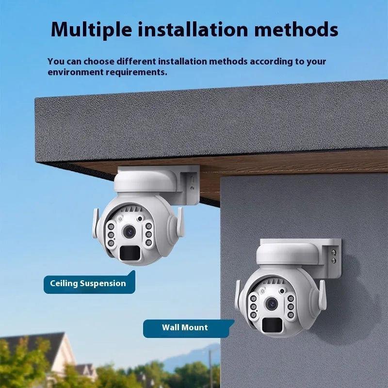 Solar security camera with solar panel and lens for outdoor monitoring