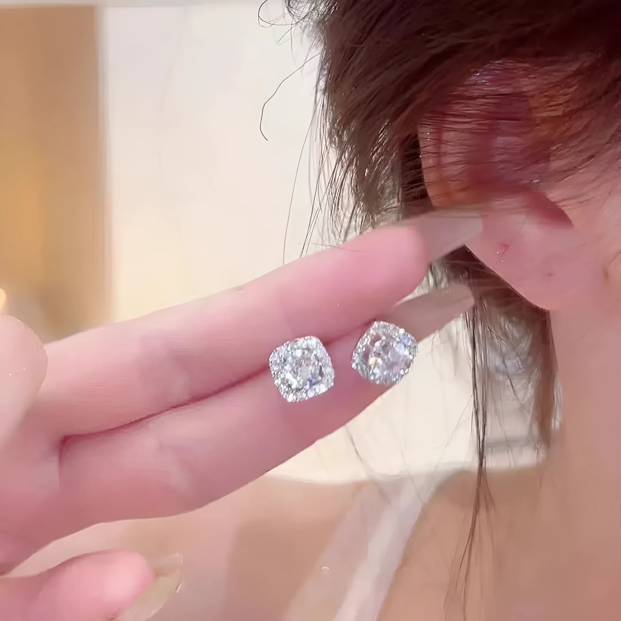 Square diamond geometric women's earrings in alloy metal, shown in silver and gold colour options.