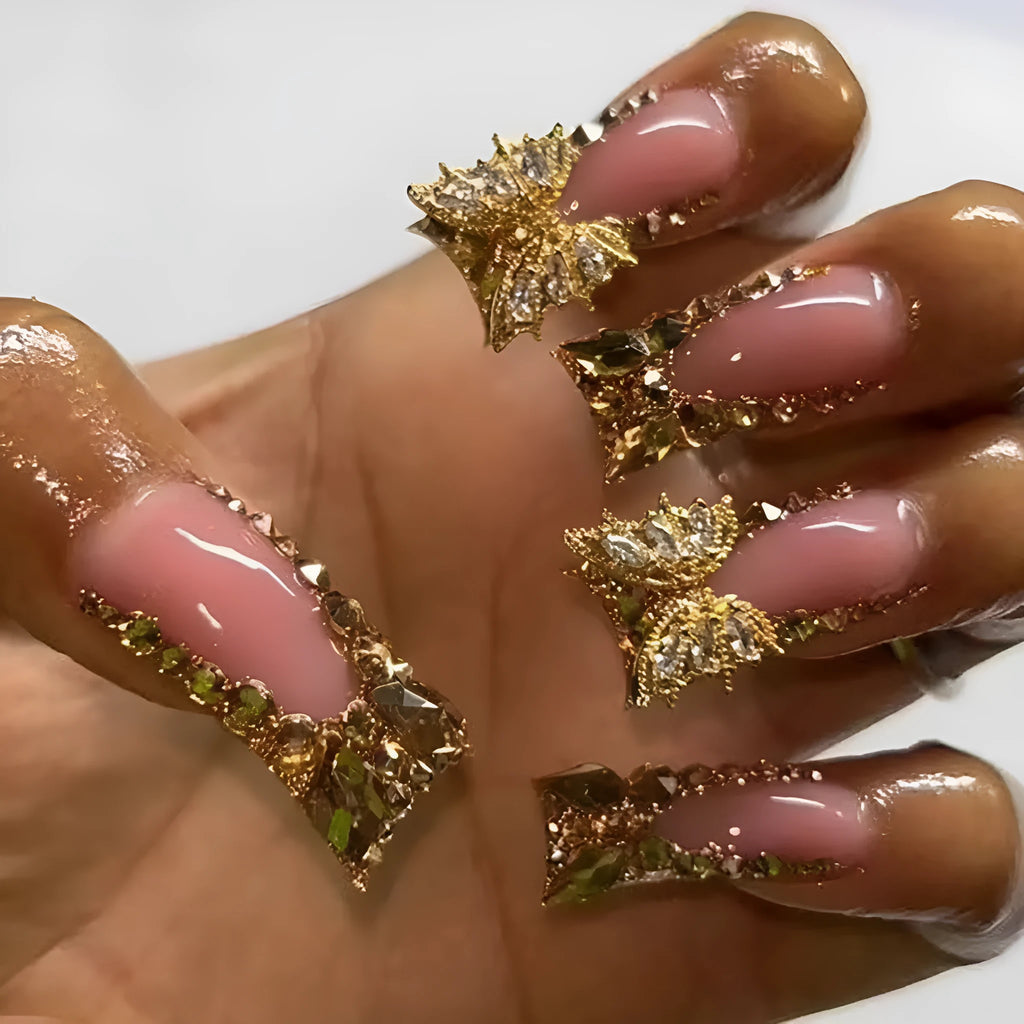 Golden diamond and butterfly design nail stickers in D34 colour with adhesive tube