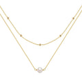 Sterling silver geometric pendant necklace with two pearls, on a ball bead chain, shown in gold and white gold plating.