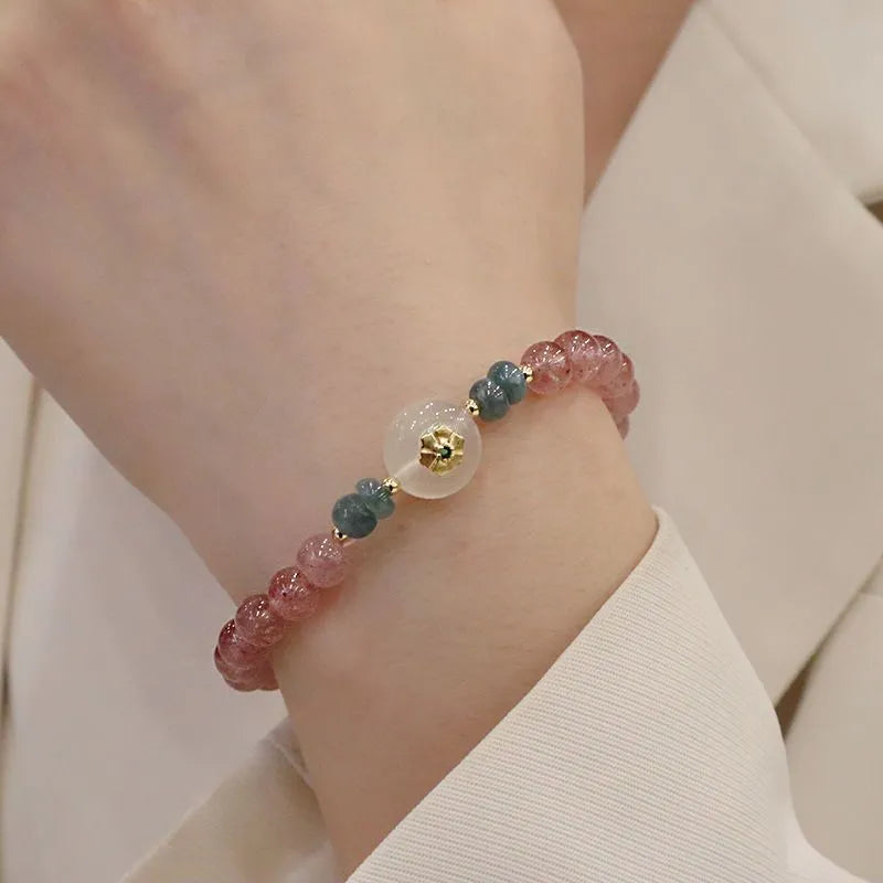 Women's strawberry quartz blue water emerald jade bracelet with geometric design and Ruyi peace buckle closure