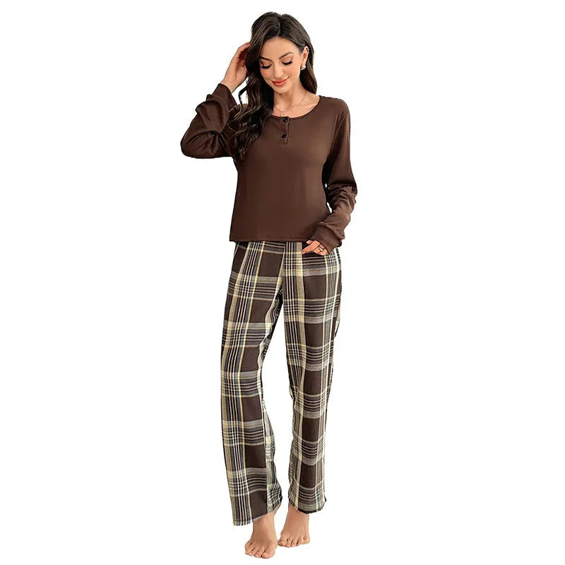 Women's plaid button pullover top and matching pants set in milk silk fabric, brown colour
