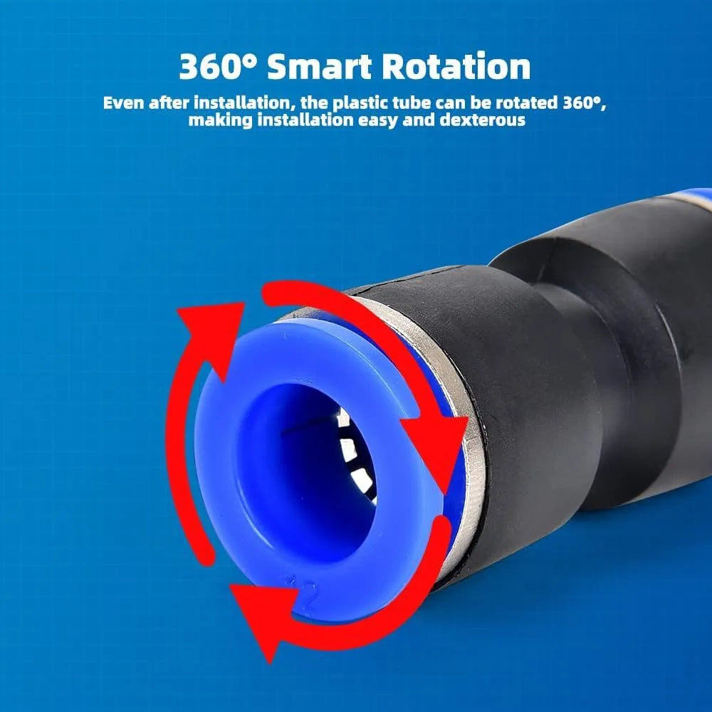 Assortment of 60 quick-release push-in pneumatic connectors in alloy plastic with 1/4-inch and 1/2-inch NPT threads.