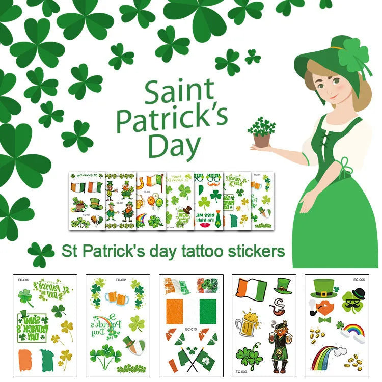 St. Patrick's Day green clover temporary tattoo sticker on paper sheet for children's faces.