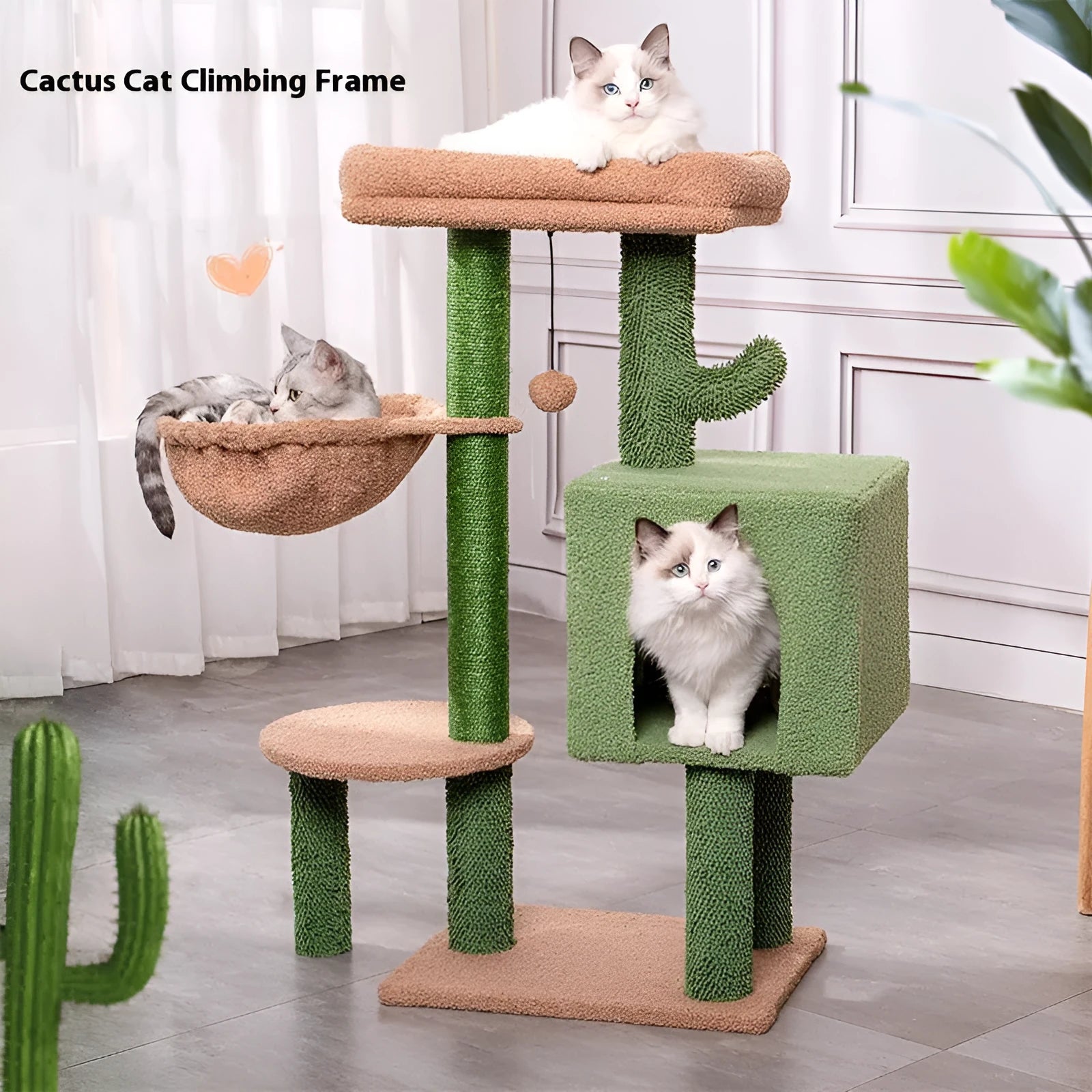 Cactus green wooden cat climbing frame with integrated shelf jumping platform measuring 43x33x87cm