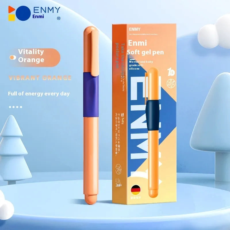 Boxed posture correction pen with triangular grip in four colour options on a white background.